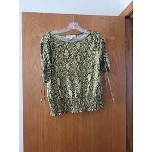 Michael Kors Blouse Womens M Green Olive Snakeskin Print Top Stretch Ruched NWT